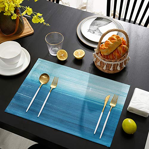 Hellowink Dining Table Placemats Set Of 6(Polyester),Ocean Sea, Heat Resistant Non-Slip Table Mats, White Blue,Indoor Outdoor Table Placemat For Holiday Banquet Kitchen Table Decor, Machine Washable #TOP3