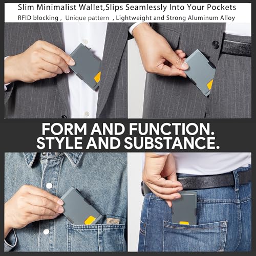 Image of Minimalist Mens Card Holder Wallet, RFID Blocking Slim Smart Pop Up Aluminum Wallet,Holds 12+ Cards,Expandable Compact Plate,Cash Strap /Money Clip (Grey)