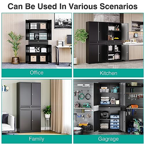 Image of SISESOL Metal Garage Storage Cabinet with Drawer and Lock,Black Metal Storage Cabinet with Locking Doors and Adjustable Shelves,71 inch Tall Large Steel Tool Cabinets for Home,Office,Garage,Shop