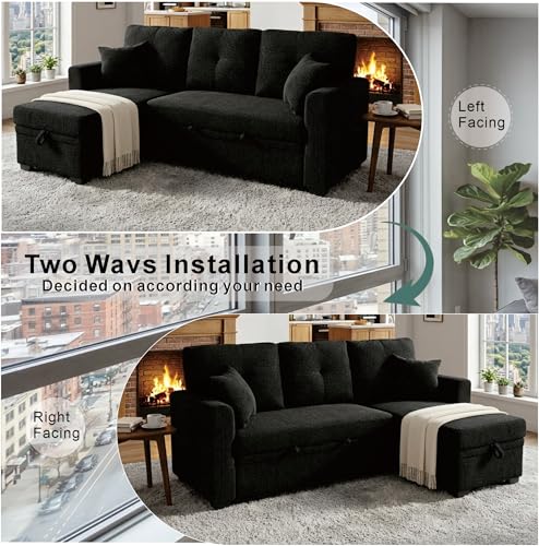 Image of KEIKI 71 inch Sleeper L Shaped Sofa with Pull Out Bed, 3 Seater Sectional Sleeper Sofa with Reversible Chaise, Modular Sectional Sofa with Storage for Living Room, Black