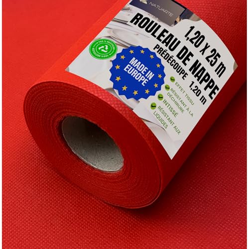 NATUARTE, Rouleau Nappe Rouge, 1.20 m x 25 m, Nappe Jetable,Tissu Non Tissé Aspect et Toucher Semblables à Ceux d'un Tissu - Célébrations Anniversaires,...