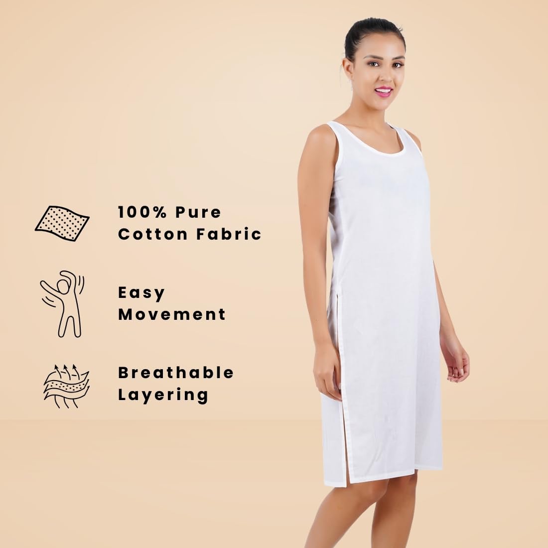 Happy Bunny Soft Cotton Knee Length Inner Slip for Women, Sleeveless Non-Stretch Camisole for Kurti, Dress & Chikankari Suit Lining, Fresh Guard Treated (MED, Blanco White) - Image 2 thumbnail