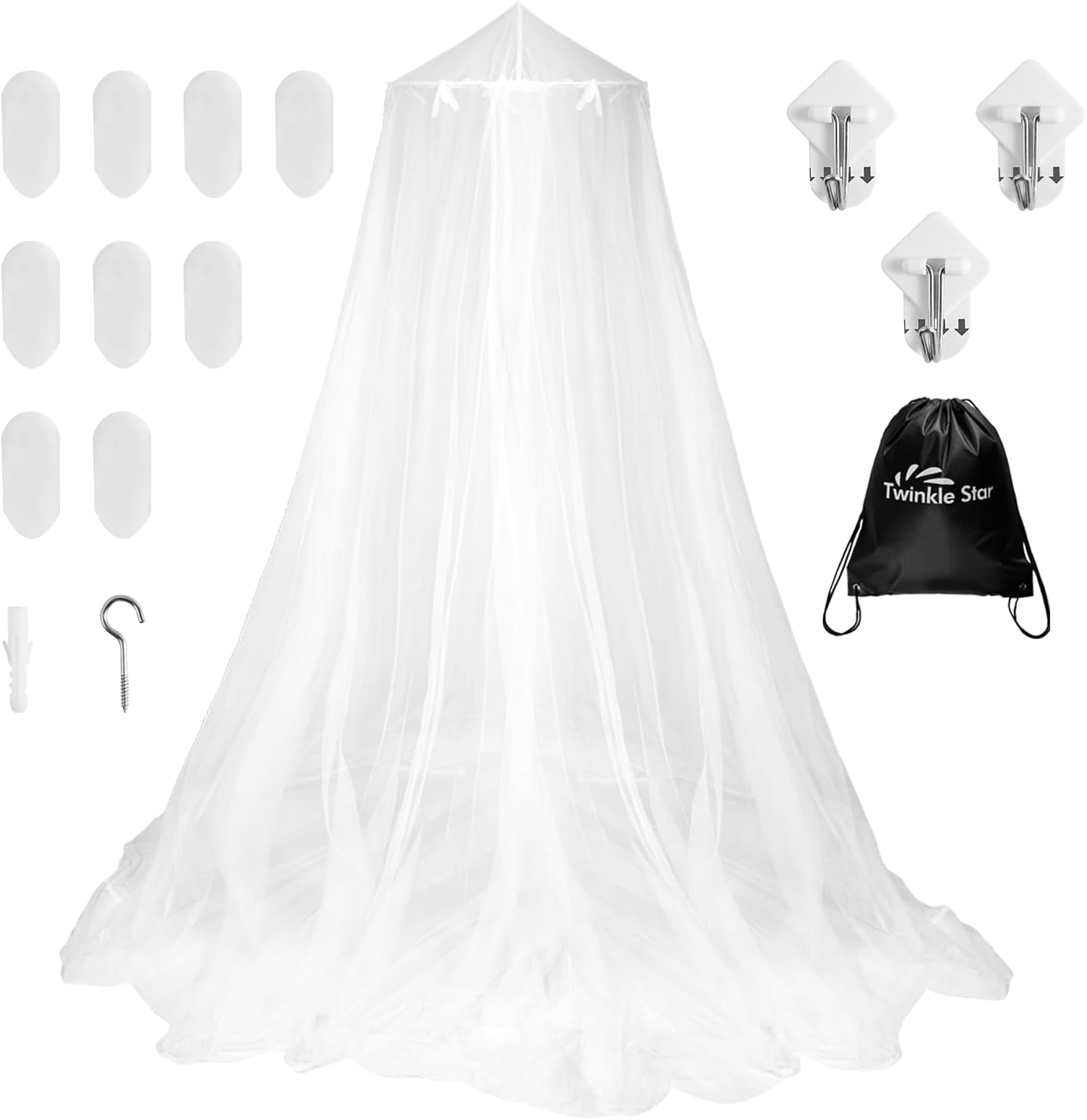 Twinkle Star Mosquito Net for Bed, Pop-Up Conical Canopy Net with Adhesive Hooks, Screw Hook and Travel Bag for Single Double Beds Indoor Outdoor Camping
