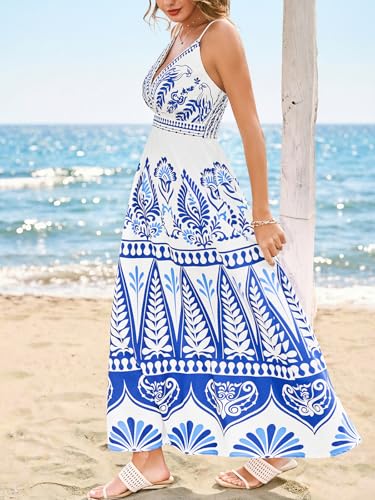 Image of CUPSHE Women's Summer Dresses Casual Spring V Neck Sleeveless Floral Beach Vacation Long Spaghetti Strap Flowy Maxi Dress