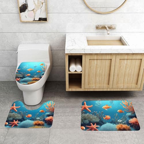 Tapis de salle de bain Coral Fish antidérapant lot de 3 pour WC et coiffeuse motif poisson - 4