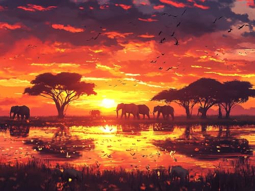 Broderie diamant éléphant et coucher de soleil pour une décoration murale de salon unique