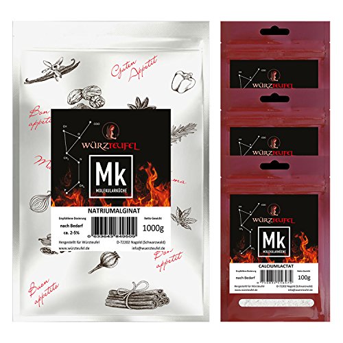 Alguinato de sodio y lactato de calcio, cocina molecular caviar de frutas. Fácil fabricación. Bolsa de alginato de sodio de 1000 g y 3 bolsas de 100 g de lactato de calcio.