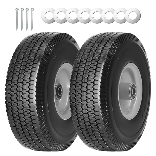 SIMEIQI 2Pack 10 x 4.10/3.50-4" Solid PU Run-Flat Tire Wheel with 5/8"Axle Bore Hole 2.24" Offset Hub Double-Sealed Ball Bearings for Wagons Wheelbarrows Hand Trucks