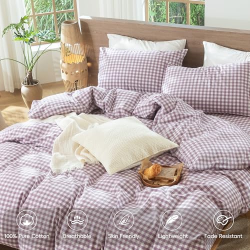 Image of MooMee Gingham Duvet Cover Set 100% Washed Cotton Linen Like Textured Breathable Durable Soft Comfy Modern Checkered Design (Classic Gingham Light Purple, Queen 90 inchx90 inch)