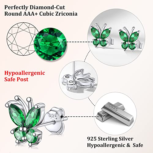 Bestyle Flying Butterfly Earrings For Women Teen Girls - Sterling Silver Green Emerald Earrinmg Emerald Birthtone Animal Butterflies Studs Earring Crystal Birthday Mothers' Day Jewelry Gifts #TOP5
