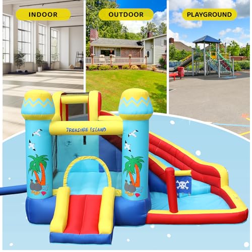 Arlopu Kids Inflatable Bounce House w/450W Blower, Kid Bouncer & Water Slide 2 in 1, Outdoor/Indoor Bouncy Castle Water Park Backyard with 2 Slides, Climbing Wall, Jumping Area, Splash Pool