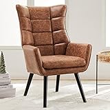 Accent Chair Wingback Chair Checkered Tufted Comfy Armchair with Wooden Legs, Leather Upholstered So