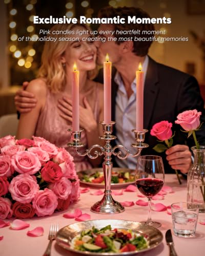 Image of Homemory 9.6 Inches Real Wax Pink Flameless Taper Candles with Remote Timer, 2 Pcs LED Fake Candlesticks, Battery Candle with 3D Flickering Flame for Wedding, Dinner, Xmas Anniversary Decor