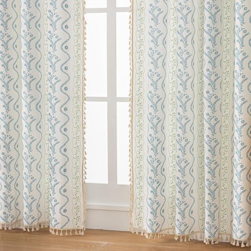 Image of Blue| Sage on White Boho Curtains 72 Inch Long for Living Room, Bedroom, 2 Panels Floral Farmhouse Vintage Tassel Semi Sheer Privacy Window Curtain Drapes with Rod Pocket