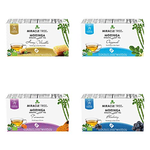 Miracle Tree - Organic Moringa Superfood Tea, 4 Pack Bundle, 4x25 Individually Sealed Tea Bags (Honey & Vanilla, Original, Turmeric, Blueberry)