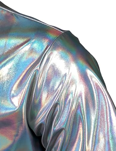 JOGAL Men's 70s Disco Shiny Metallic Gold Silver Short Sleeve Button Down Shirt4