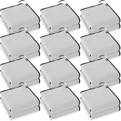 Batiyeer 12 Pcs Golf Towel Bulk for Golf Bags Microfiber Fabric Towel with Clip Waffle Pattern, Fitness, Camping, Hiking, Yoga (Light Grey,16 x 16 Inches)