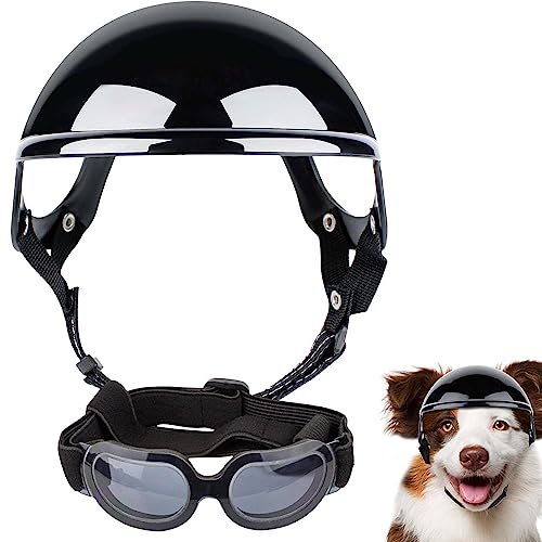 Hunde Sonnenbrille und Helm | 2 Stück Haustier Helm mit Hundebrille | Verstellbare Motorradhelme mit Weichschaum | Hundebrillen Hundehelm Set Haustierzubehör für Hunde, Kopf- und Augenschutz