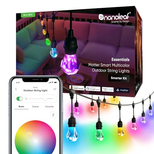 Image of Nanoleaf Essentials Matter Smart Multicolor Outdoor String Lights Smarter Kit with Addressable RGBICW LED Bulbs, White and Color-Changing, Wi-Fi + Bluetooth, IP 65 Water Resistant (98ft, 40 Bulbs)