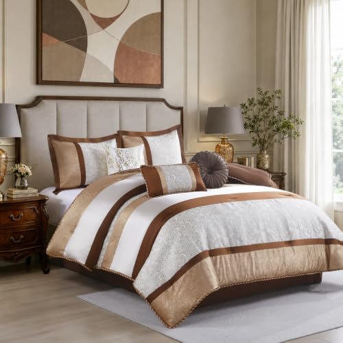 Image of CozyDH King Comforter Set Brown Cream - 7 Piece Luxury Jacquard Damask Bed in a Bag, Elegant Twisted Cord Edging, All Season Down Alternative Bedding with Bed Skirt, Shams, Decorative Pillows