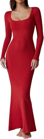 QINSEN Womens Ribbed Knit Long Sleeve Scoop Neck Maxi Dress with Lace Details Bodycon Dress