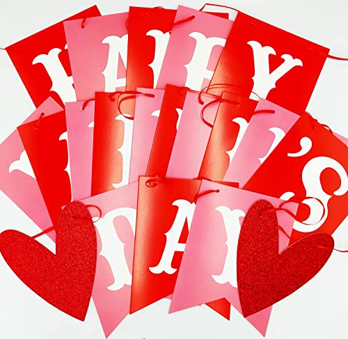 Image of FestikoHappy Valentine's Day Banner Red Pink Valentine's Day Bunting Banner with Glitter Heart Signs Valentines Day Paper Banner for Home Wall Valentines Party Decorations Supplies