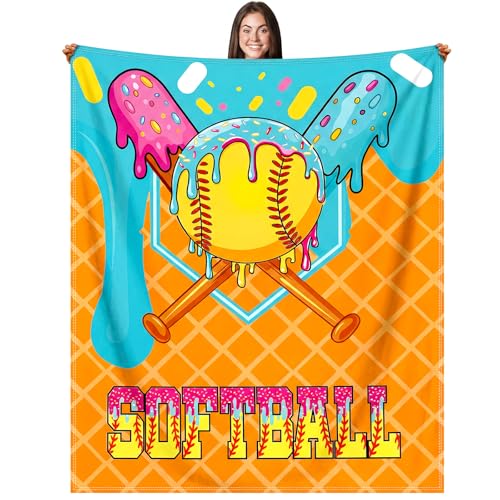 Hillsuren Softball Ice Cream Drip Blanket 50 x 60 Yellow and Green Softball Sports Blanket Throw Ice Cream Stuff Team Gifts for Ball Lovers Players Home Decor Halloween Christmas Thanksgiving Gift