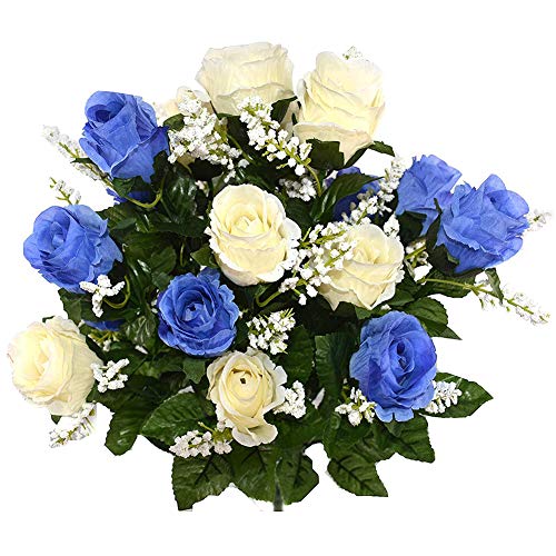 SZWL Ramo De Rosas De Tela De Seda,Ramo De Flores Rosas Oscuro Azul y Blanca Rosas De Plástico Artificiales Novia Ramo De Rosas De Boda De Simulación Arreglo Floral Realista Para La Reuniones Mesa Fam