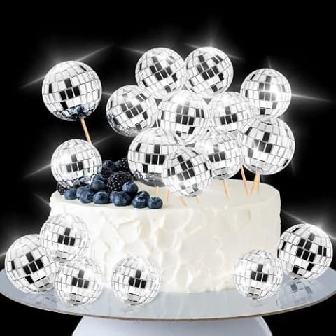 Disco Ball Cake Toppers, 20Pieces 1970s Disco Ball Balloon Cake Decorations Cupcake Toppers Foam Ball Cake Picks for Birthday 70s Disco Dance Theme Party Favor Supplies(Silver) Cover