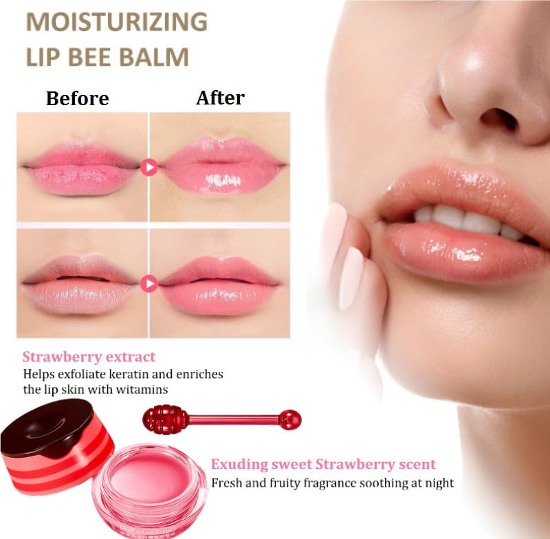 Miniatura 3 de Bálsamo labial Bee Balm Honey Pot, máscara labial de miel y fresa, bálsamo labial hidratante de propóleos con barra, hidratante y prevención