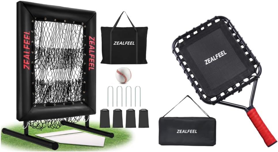 9 Hole Pitching Net Pro & Red Baseball Racket, with Strike Zone Target, 5 Height Adjustable, Portable Easy Setup Trainer Net for Baseball & Softball with Ball, Home Plate & Pitching Rubber