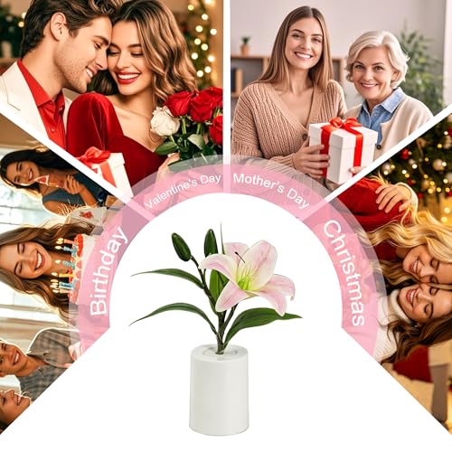 Image of Artificial Pink Lily Lamp, Home Cafe Decor Light Birthday Gifts for Women