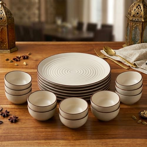 Image of The Earth Store Spiral White Ceramic Dinner Set, 18 Pieces with 6 Dinner Plates & 12 Vegetable Bowls | Microwave & Dishwasher Safe | Crockery Set for Dining & Gifting
