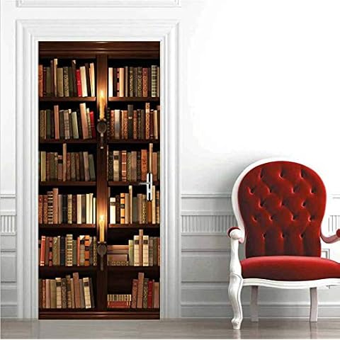 PVC Door Stickers 3D self-Adhesive Door Poster Creative Bookshelf Pattern Interior Door Wallpaper Mural Art Vinyl Home Decor Removable 77x200cm Cover