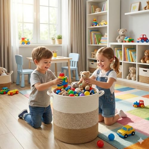 Image of Basket with Lid, 15 inch x 20 inch Woven Storage Basket for Blankets, Toys, Pillows, Towels, Living Room Bedroom Storage Bin, Round Rope Basket with Lid, Wicker Baskets for Organizing (BG1)