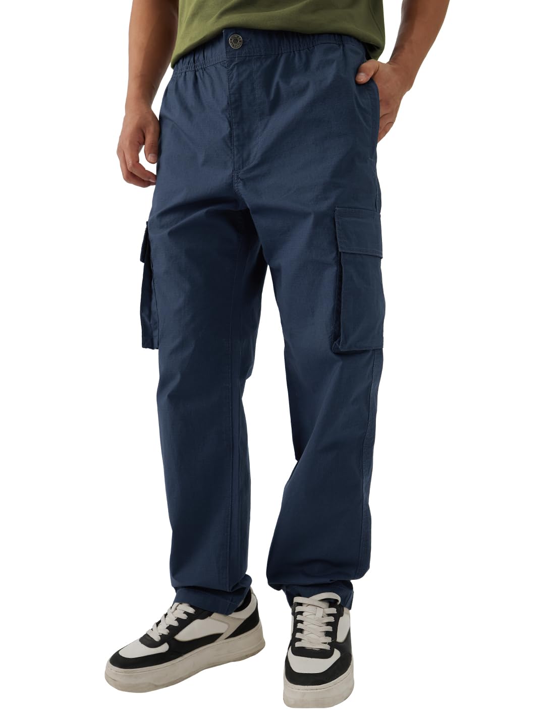 The Souled Store Navy Blue Men and Boys Buttoned Straight Fit Cargo Ripstop Joggers in navy