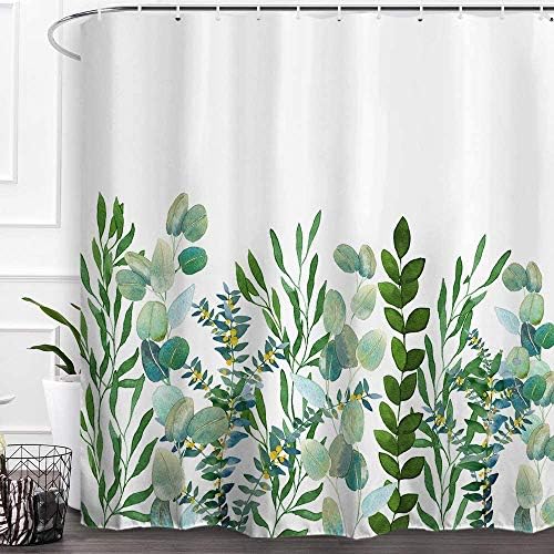 Baccessor Green Shower Curtain Botanical Leaf Watercolor Floral Plant Bath Curtain Waterproof Fabric Bathroom Curtain with Hooks, Waterproof, Weighted 60" x 72" (Eucalyptus Leaf 1)