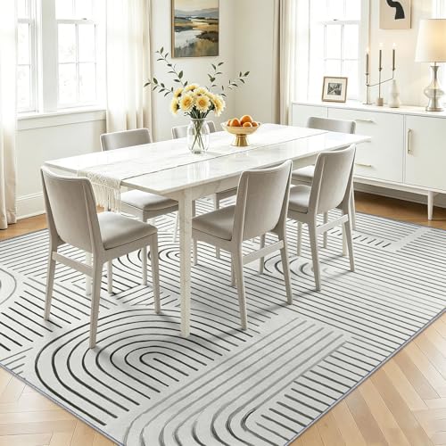 Tapis géométrique moderne à lignes blanches poil ras 120x180
