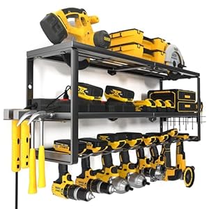 YYR Heavy Duty Power Tool Organizer with Charging Station, Cordless Drill Hanger Storage Rack, Battery Tools Holder Wall Mount Shelf for Garage – 32 Inch Equipped with Surge Protection Power Strip