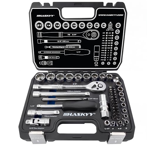 HASKYY 52pcs Coffret a cliquet 72 dents et douilles Profil Gear Lock Torx XZN Profil E Cle a cliquet 12 pans 6 pans Dimensions métriques/en pouces -1/4 et 3/8...
