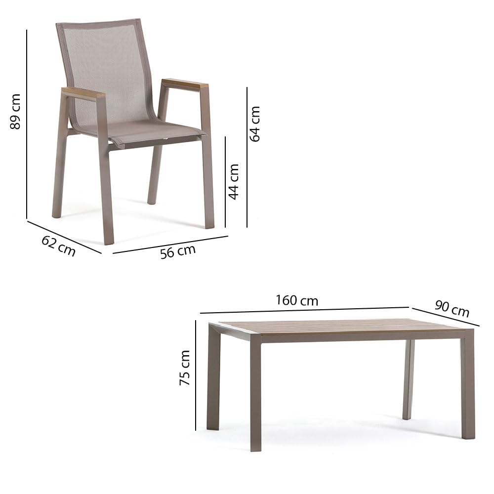 Set tavolo 160x90 e 6 sedie in textilene. Set da pranzo da esterno con tavolo in alluminio e polywood effetto legno e sei sedie impilabili in alluminio e textilene - Liam & Deva (Tortora)