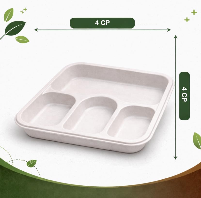 Image of Eco Bagasse 4 Compartment Meal Trays - Eco-Friendly Bagasse Disposable Plates - Strong Oil & Water Resistant Disposable Plates with Compartments for Parties, Catering & Events (Pack of 25)