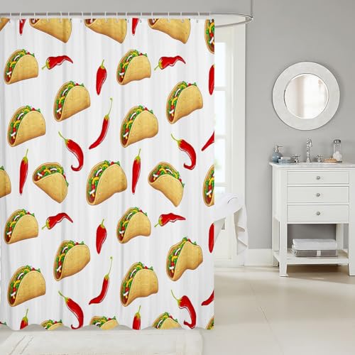 Homewish Mexican Bathroom Shower Curtain Sets Red Chilis Taco Nachos Burrito Shower Curtain, Latin Food Cinco De Mayo Fabric Shower Curtain, 72" Wx84 L, Multicolor