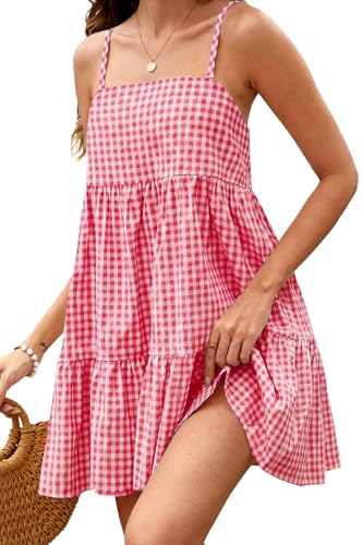 ELLEVEN Summer Dresses for Women Gingham Spring Babydoll Maternity Plaid Mini Beach Casual Sun Dress Flowy Midi Short Cute A Line Sundress Resort Wear Knee Length Red Small