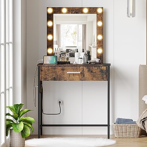 Irontar Makeup Vanity Table with Charging Station and USB Ports & Power Outlets, Vanity Desk with Lighted Mirror for Mother's Day, 10 LED Blubs & Adjustable Brightness, 1 Drawer, Rustic Brown WDT001BE