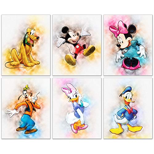 Image of Mickey Mouse Original Watercolor Prints Set of 6 Wall Art Prints for Kids Room Wall Decor (8 x 10 Inch) Minnie Donald Daisy Duck Pluto Goofy