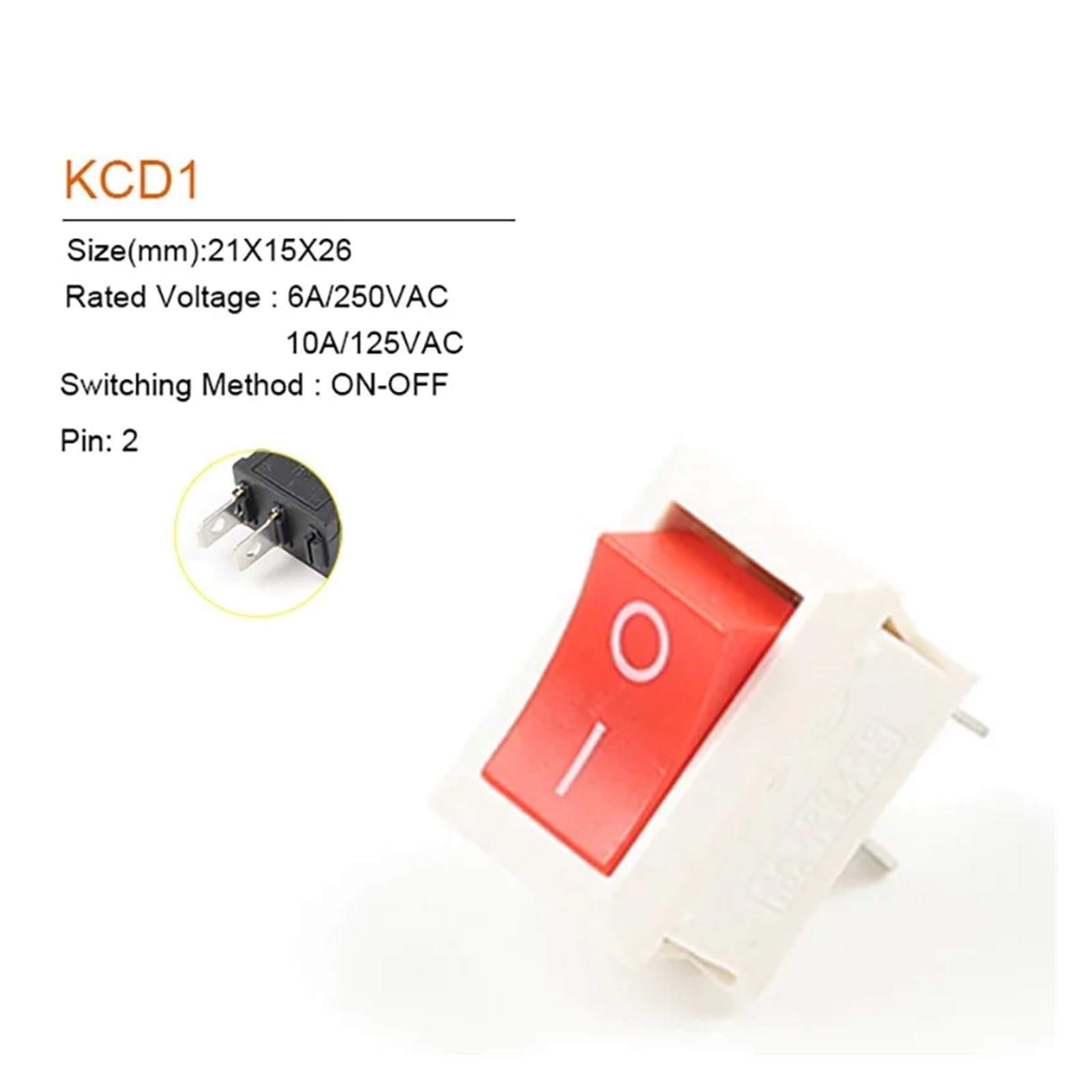 5 Piezas Interruptor Basculante De 2 Pines 21X15mm Alimentación Posiciones 6A/250VAC(Red Black)