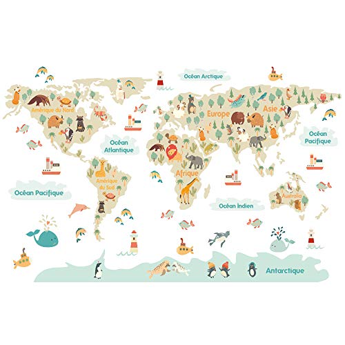 Adzif.biz Le sticker de decoration Adhésif Carte du Monde Enfant Vintage à Composer Soi-Même - Dimensions 80 x 52 Cm