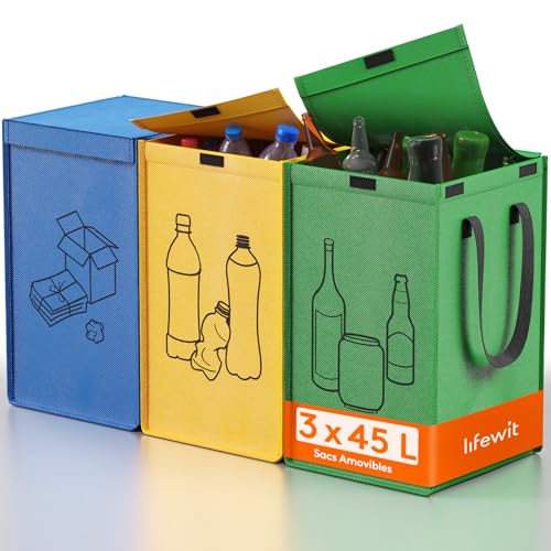 Lifewit Lot de 3 Sac Tri Selectif, Systèmes de Tri des Déchets, Poubelles Recyclage de 3 Couleurs pour Papiers, Carton, Plastiques, Verre, Bouteilles, Bac...