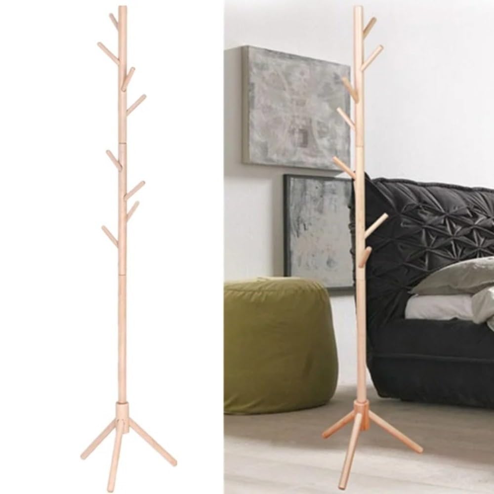 Perchero de Pie Perchero de Madera Independiente con 8 Ganchos y 3 Opciones Altura for niños Adultos, Ideal for Dormitorio, Oficina Entrada Perchero de Madera(Khaki)